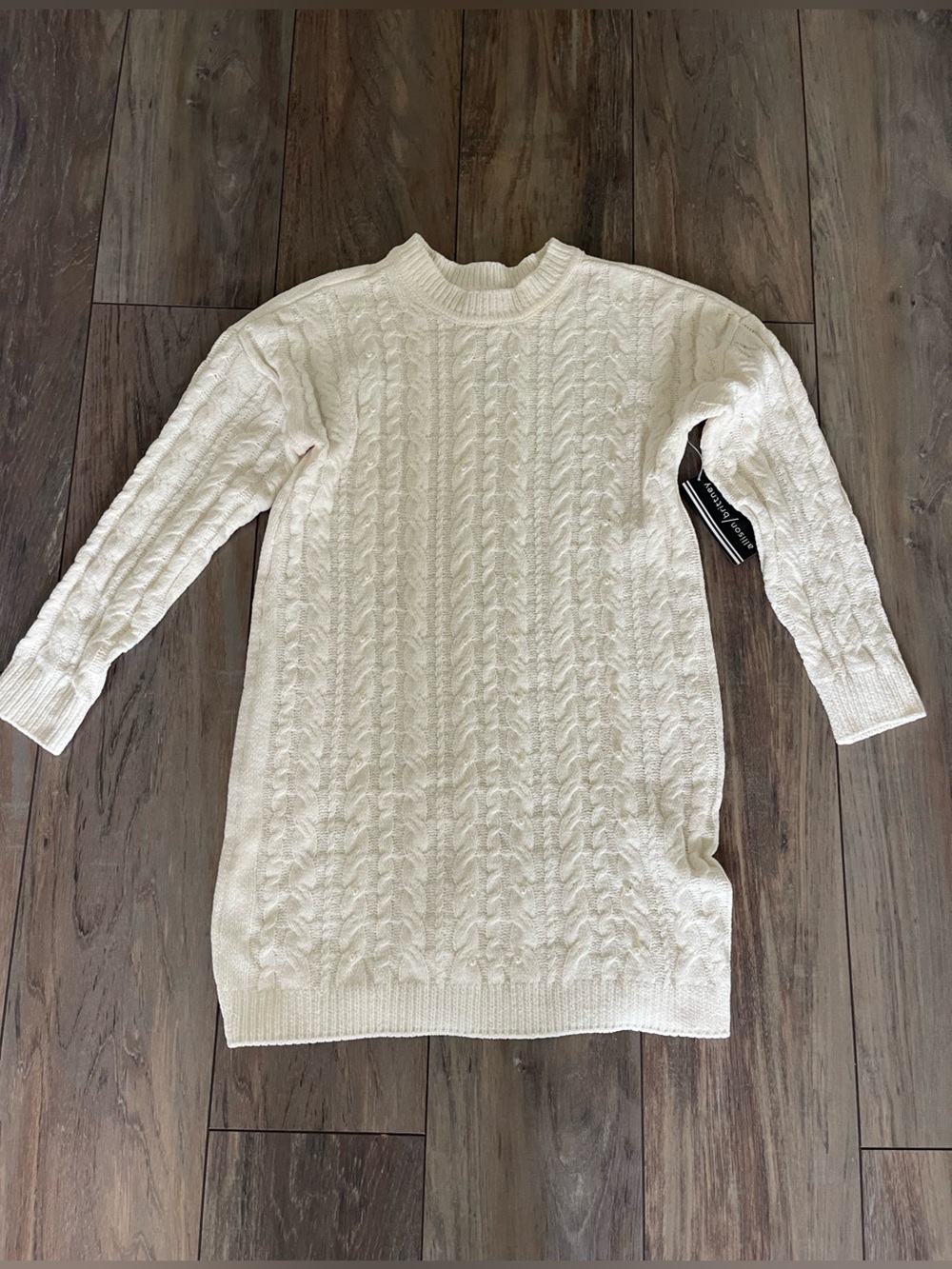 Allison Brittney White Cable Knit Pearl Sweater Dress Women Size M New with tag